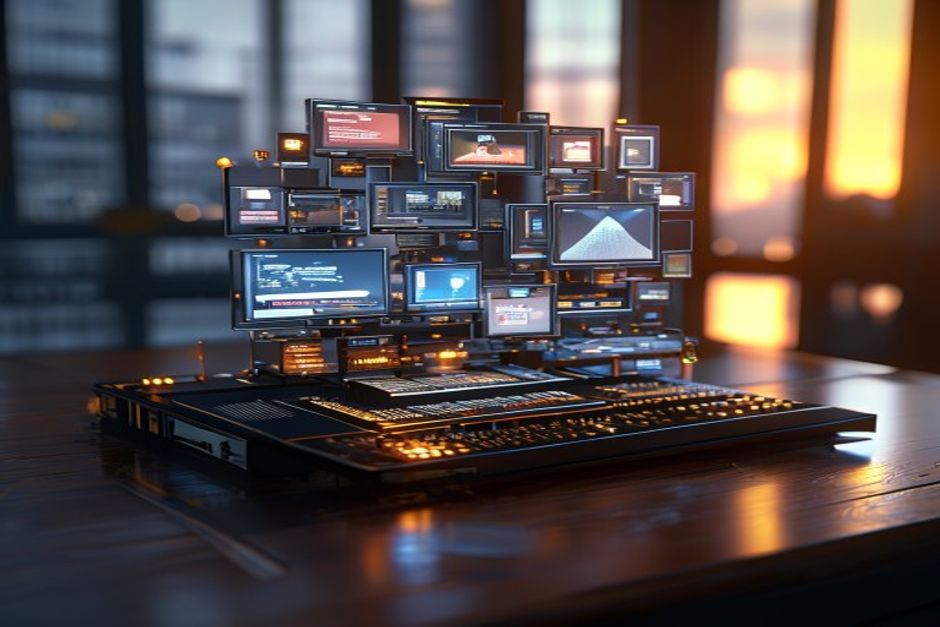a-conceptual-3d-visualization-showing-multiple-virtual-desktops-emerging-from-a-single-physical-serv Kurumsal İşletmelerde Sanallaştırma Teknolojilerinin Stratejik Avantajları